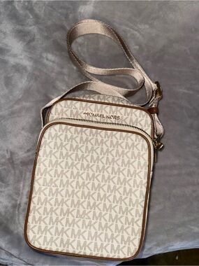 Michael Kors Beige Logo Crossbody Messenger with Brown Trim